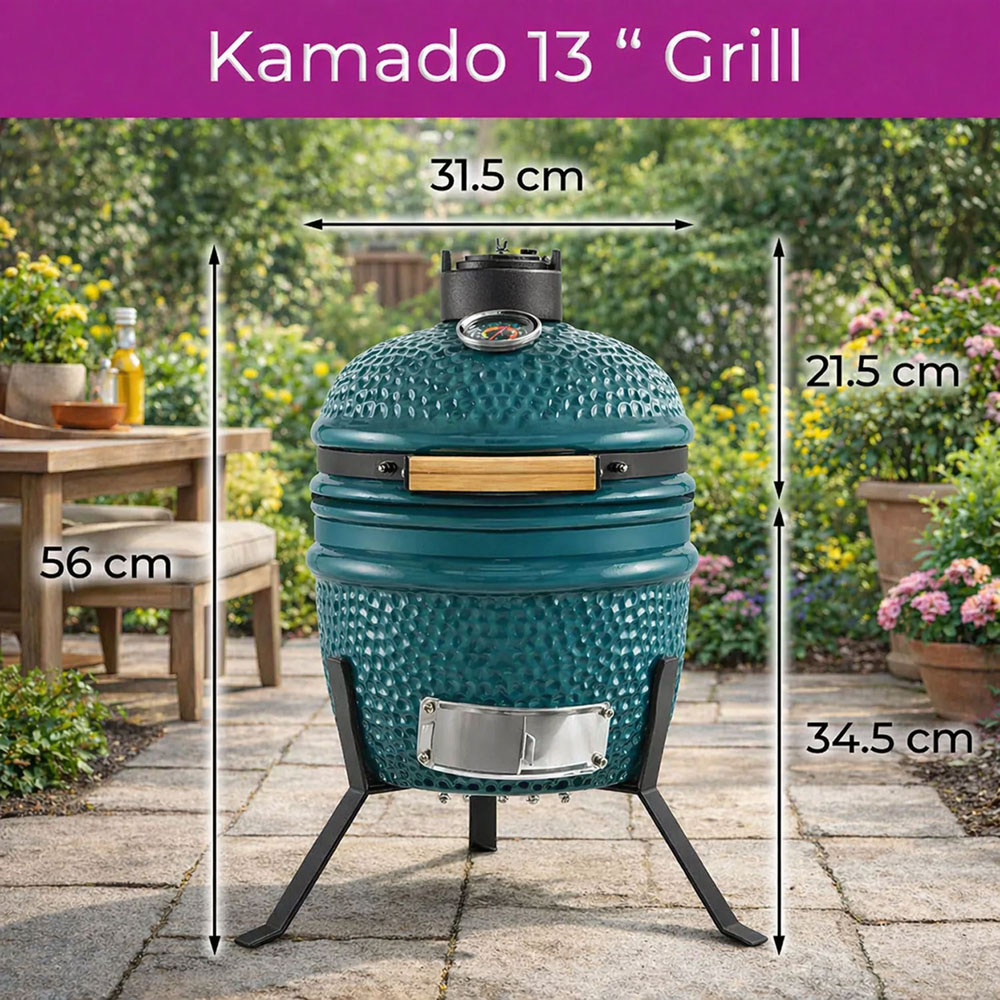 Neo Kamado Blue Portable Ceramic 13 inch Mini BBQ Grill Smoker with Stand Image 8