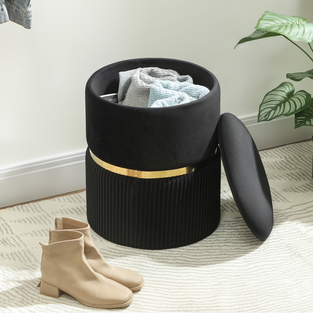Portland Black Velvet Round Pouffe Footstool with Storage Image 4