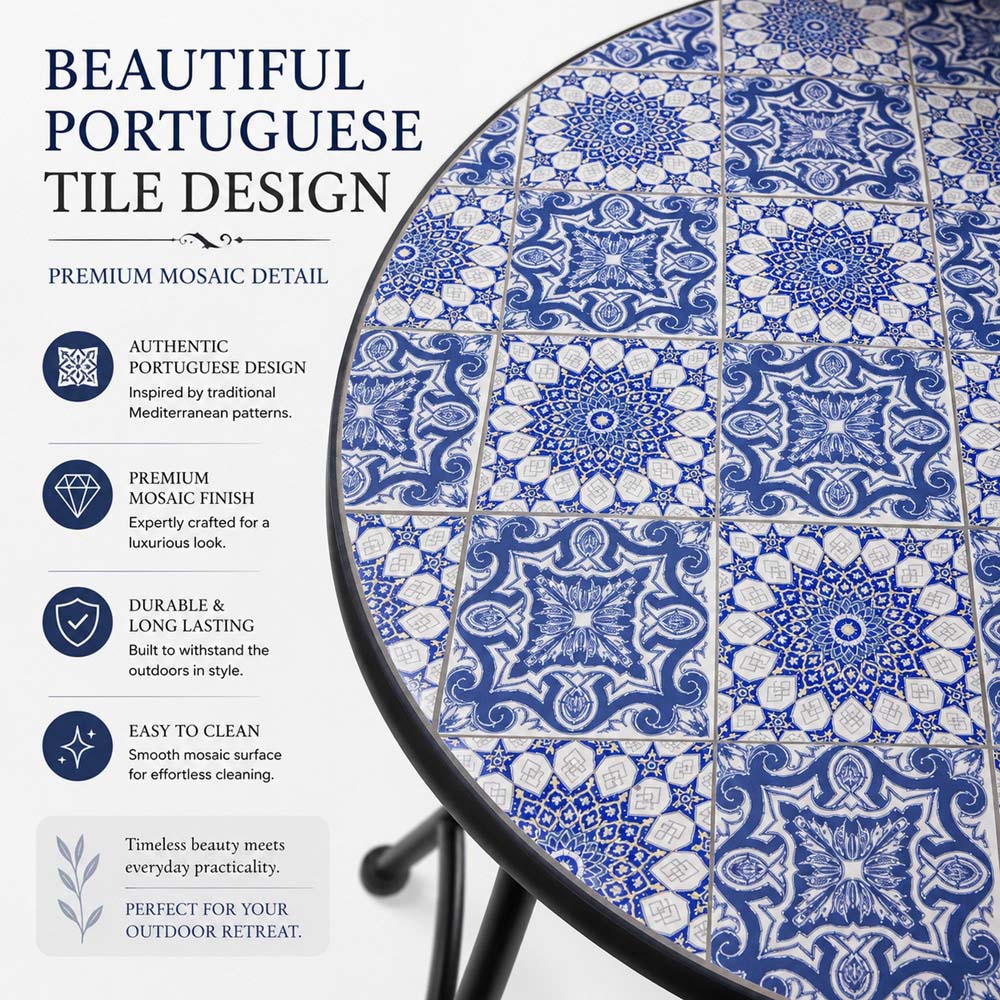Shatchi Porto 2 Seater Mosaic Ceramic Tile Top Foldable Bistro Set Image 5