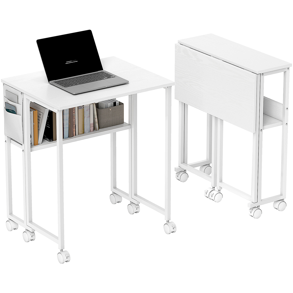 HOMCOM Single Shelf Foldable Computer Desk with Wheels and Side Bag White Image 2