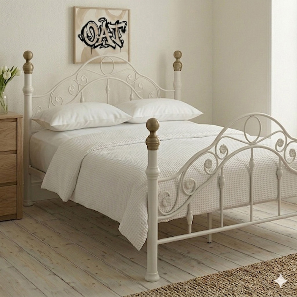 OAT Home Kensington Double White and Brass Metal Bed Frame Image 4