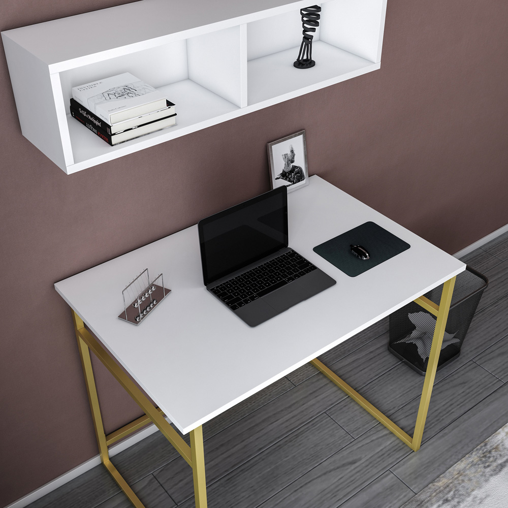 Decorotika Hussum Computer Desk with 2 Section Wall Shelf Gold and White Image 4