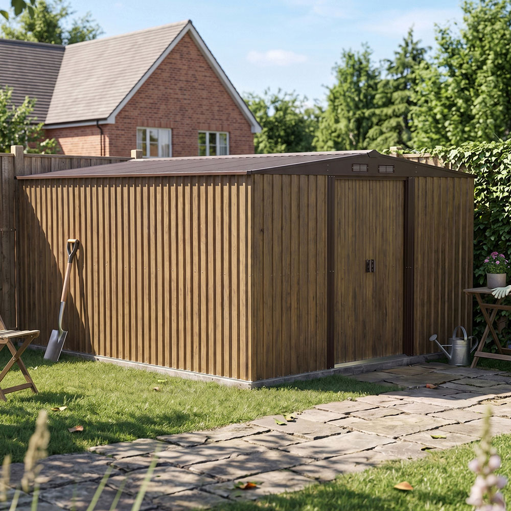 Living and Home 12 x 10ft Brown Wood Grain Metal Apex Garden Storage Shed with Foundation Image 1