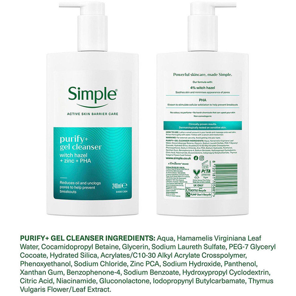 Simple Purify+ Facial Cleanser Hydrating Skin Care Face Wash Gel 240ml 3 Pack Image 6