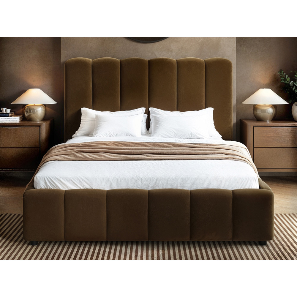 Solace+Co Emilie Double Brown Velvet Ribbed Ottoman Bed Image 5