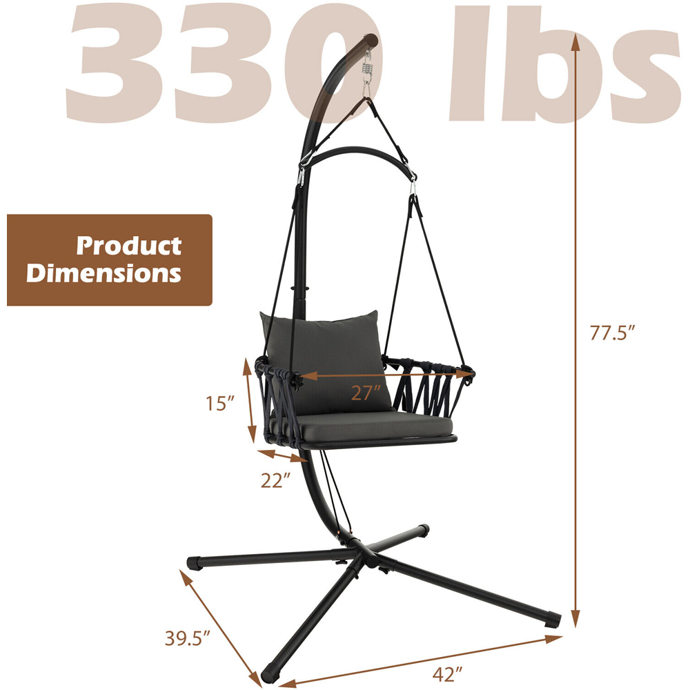 Costway Grey Hanging Swing Chair with Cushions Image 9
