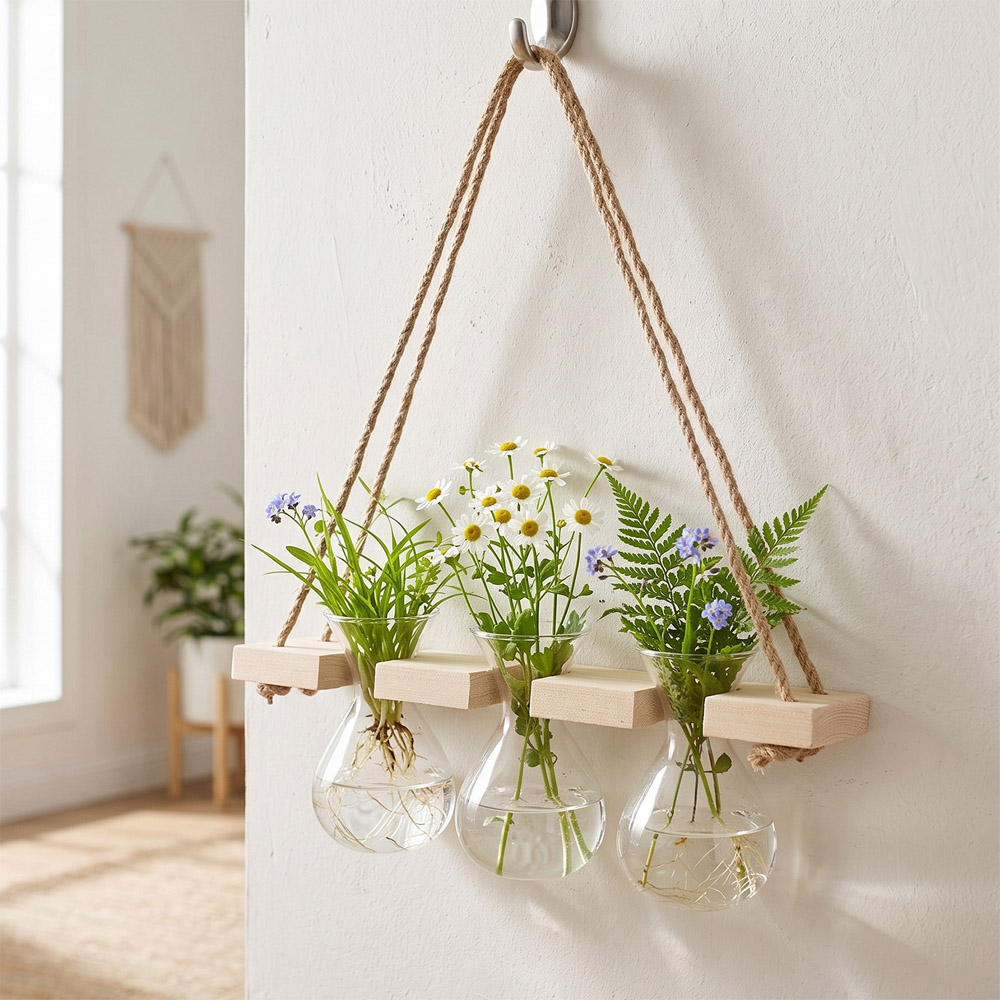 Living and Home 3 Vase Natural Wood Wall Mounted Plant Propagation Station Image 7