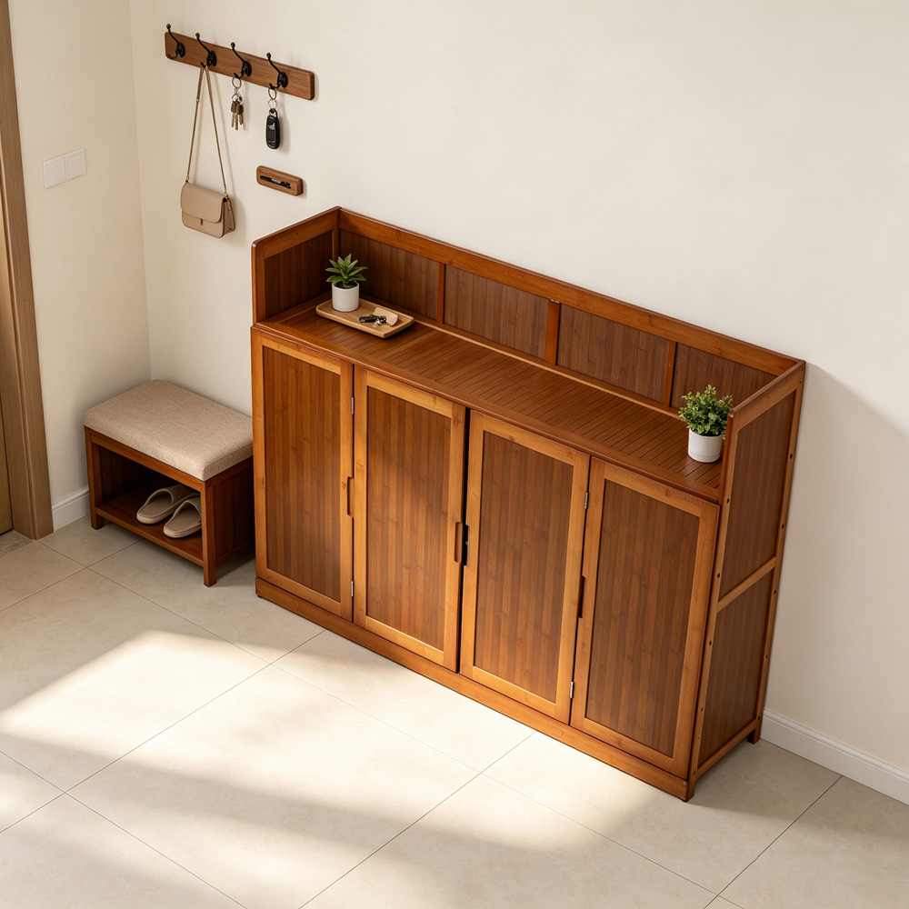 Living and Home 4 Door Dark Brown Bamboo Shoe Cabinet Image 7