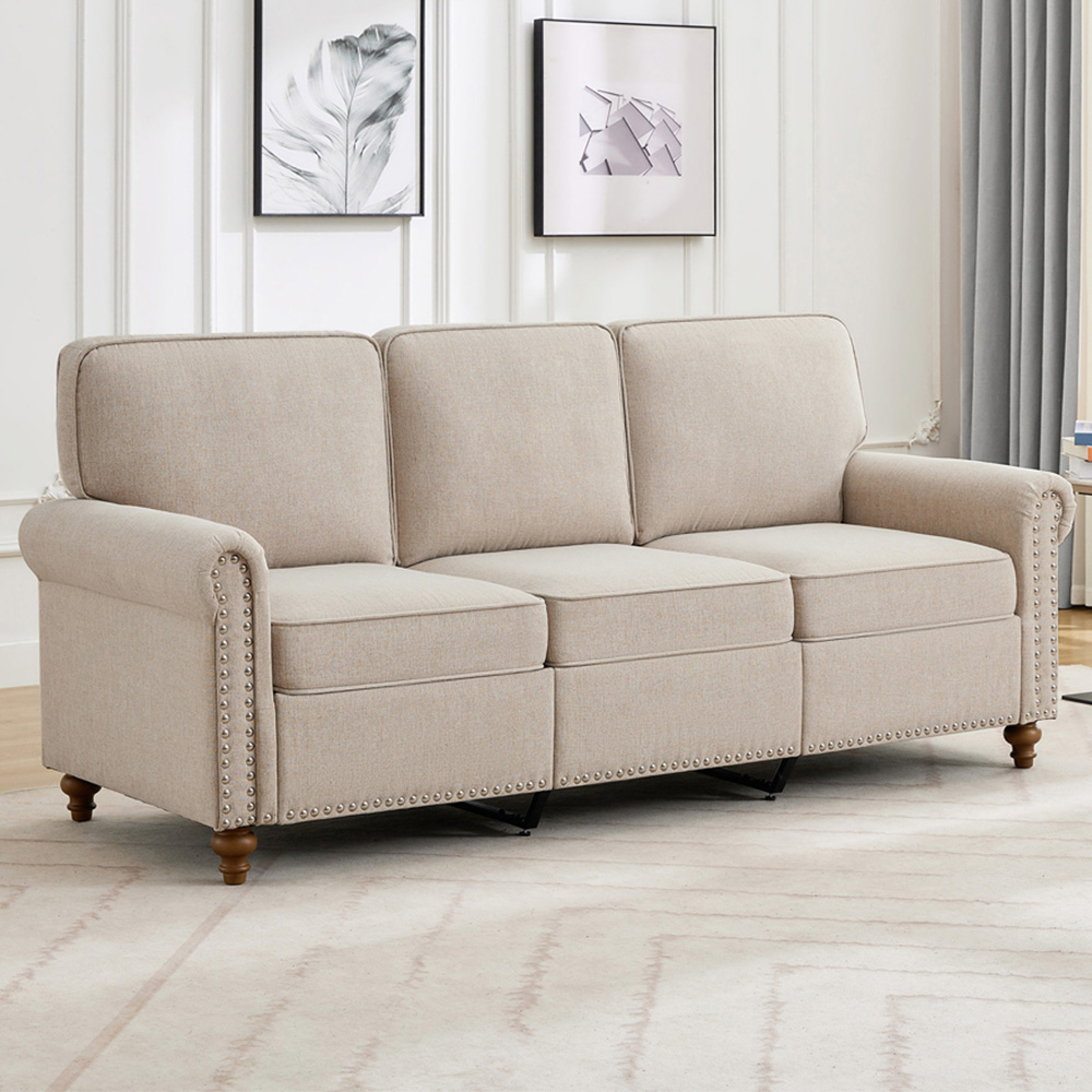 3 Seater Beige Plush Padded Studded Sofa Image 1