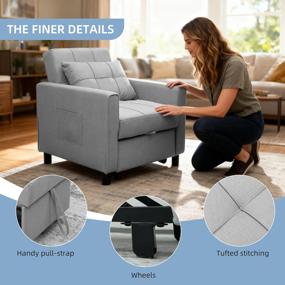 Alivio Singel Seater 3-in-1 Light Grey Convertible Sofa Bed Chair Image 8
