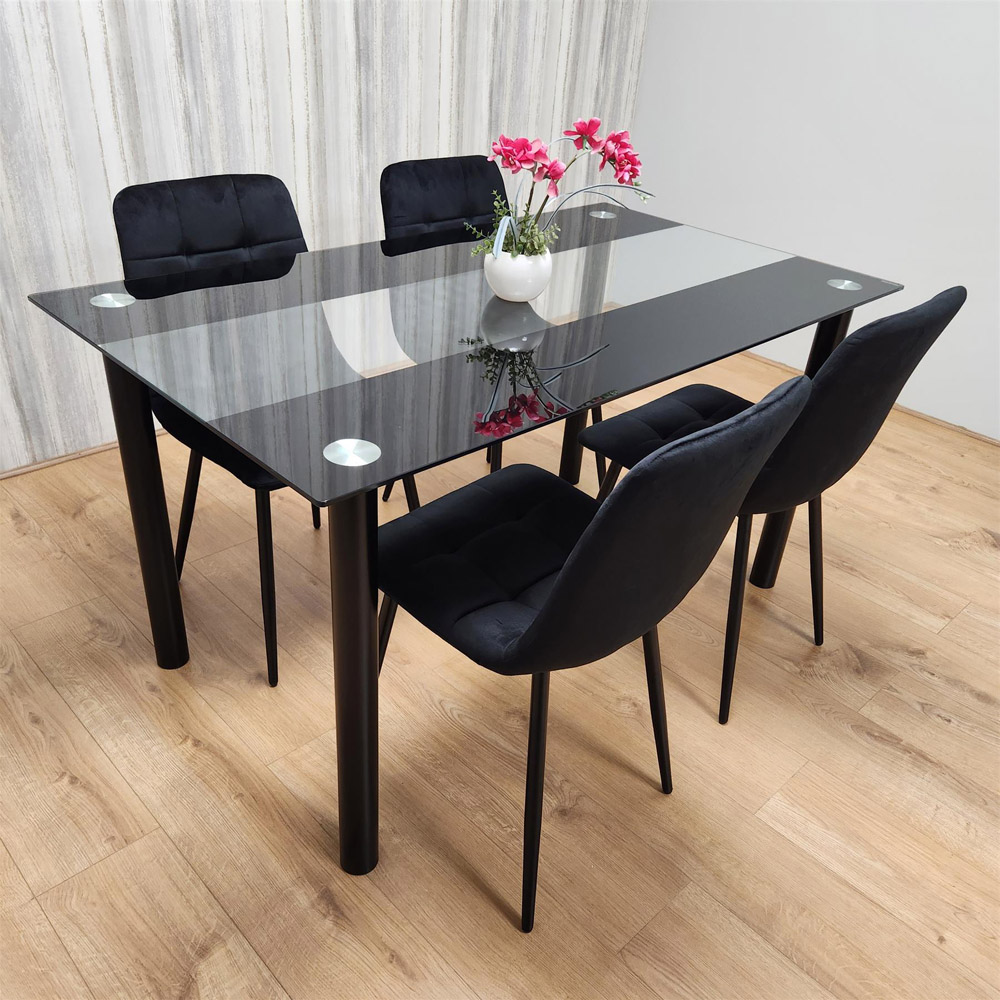 Kosy Koala 4 Seater Clear Glass Double Stripe Tufted Velvet Dining Set Black Image 3