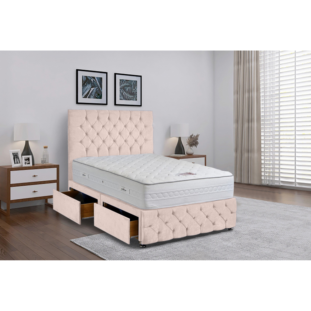 Eleganza Home Comfyzone Double Blush Plush Velvet Divan Bed with Chesterfield Headboard Image 2