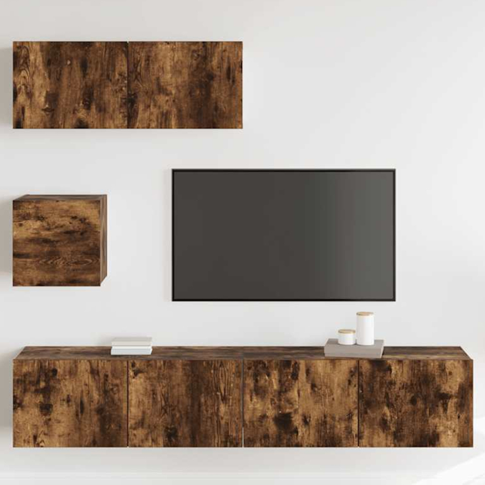 vidaXL 4 Piece Smoked Oak Wall Mounted TV Cabinet Set Image 1