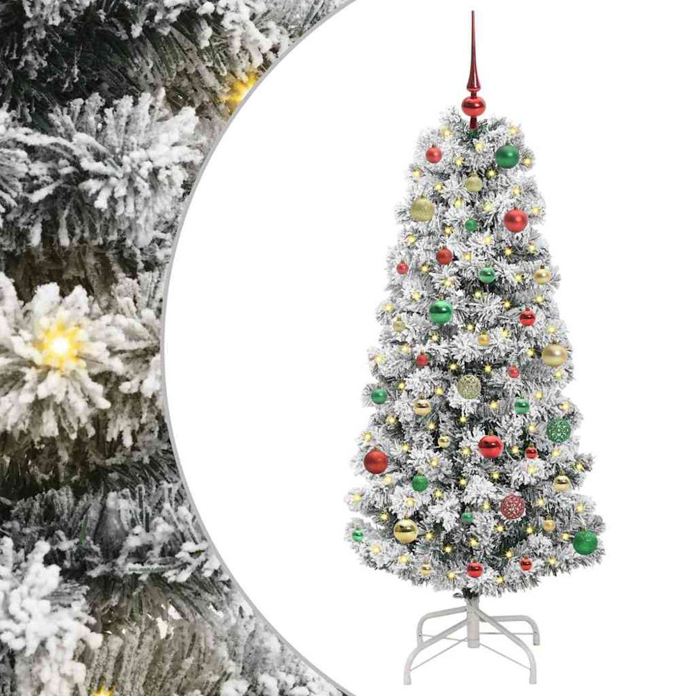 vidaXL Pre-Lit Warm White LED and Multicolour Baubles Snow Flocked Artificial Christmas Tree 5ft Image 2