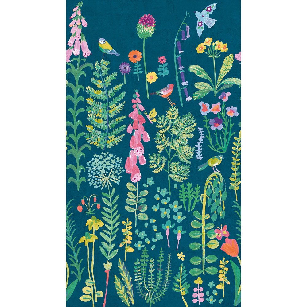 Grandeco Spring Meadow Flower Painted Sprig Dark Teal 3 Panel Wall Mural Image 3