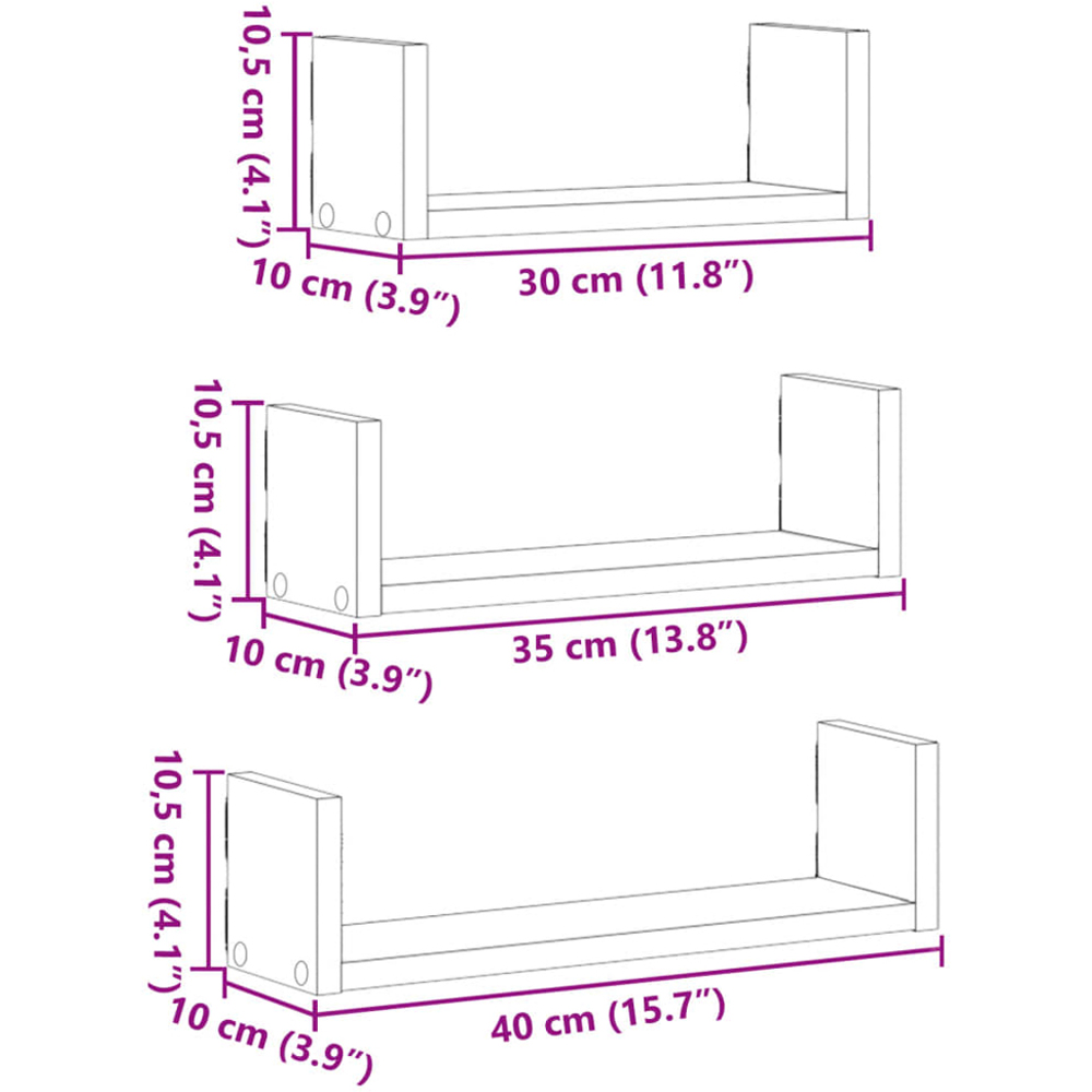 vidaXL 40 x 10 x 10.5cm Set of 3 Sonoma Oak Wall Shelf Image 9