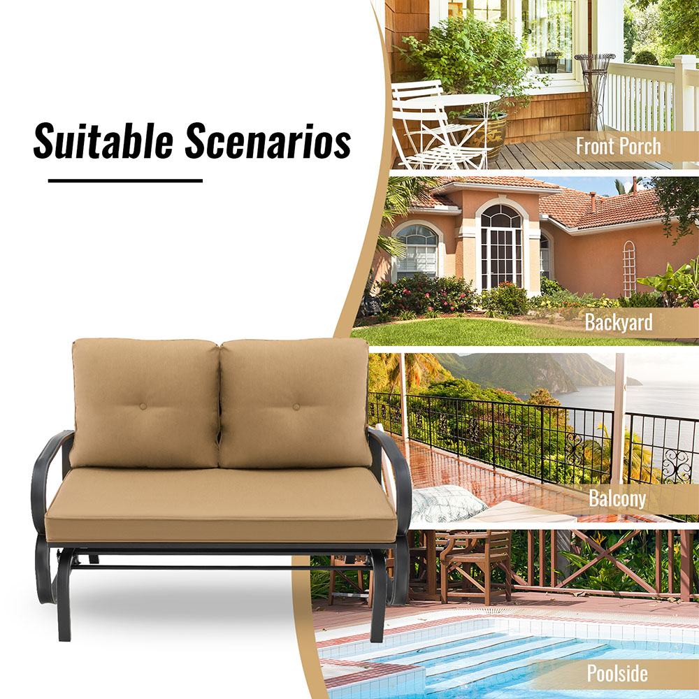 Costway 2 Seater Beige Outdoor Glider Bench with Cushions Image 5