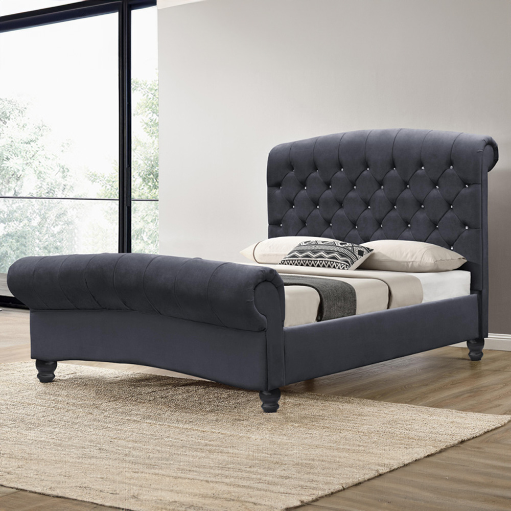 Brooklyn Double Grey Velvet Diamante Chesterfield Sleigh Bed Image 1