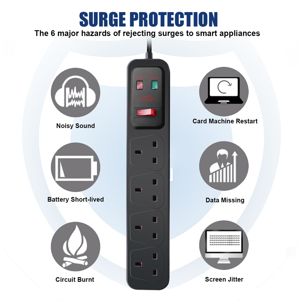 ExtraStar 4 Gang 13A Black Switched Surge Protected Extension Lead 2m Image 4