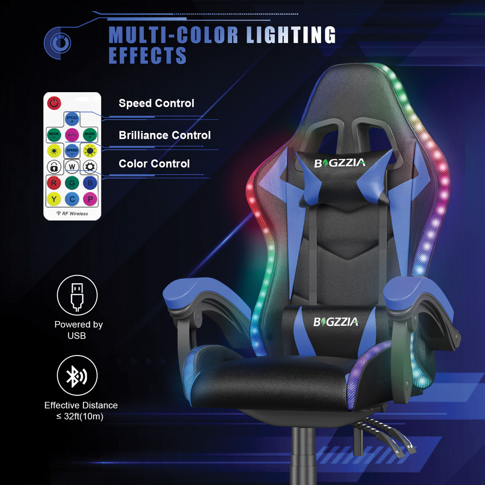 Rattrix Blue Height Adjustable Lumbar Backrest Gaming Chair with Headrest and LED Light Image 6
