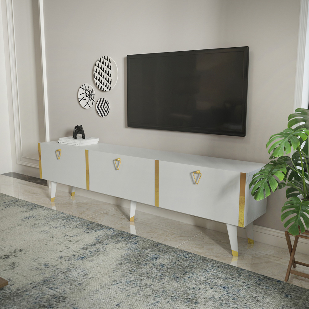 Decorotika Milagro 3 Cabinet White and Gold TV Unit Image 3