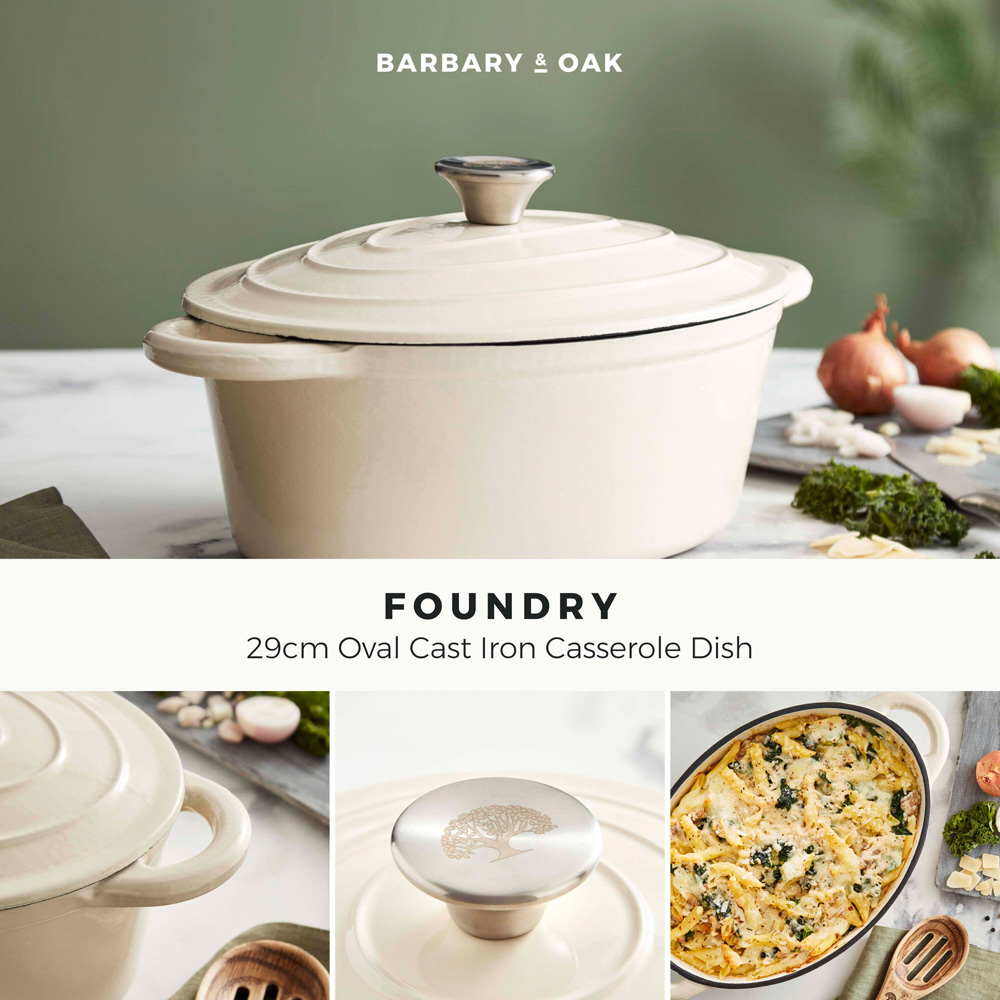 Barbary & Oak 29cm Camembert Cream Cast Iron Oval Casserole Dish with Domed Lid Image 2