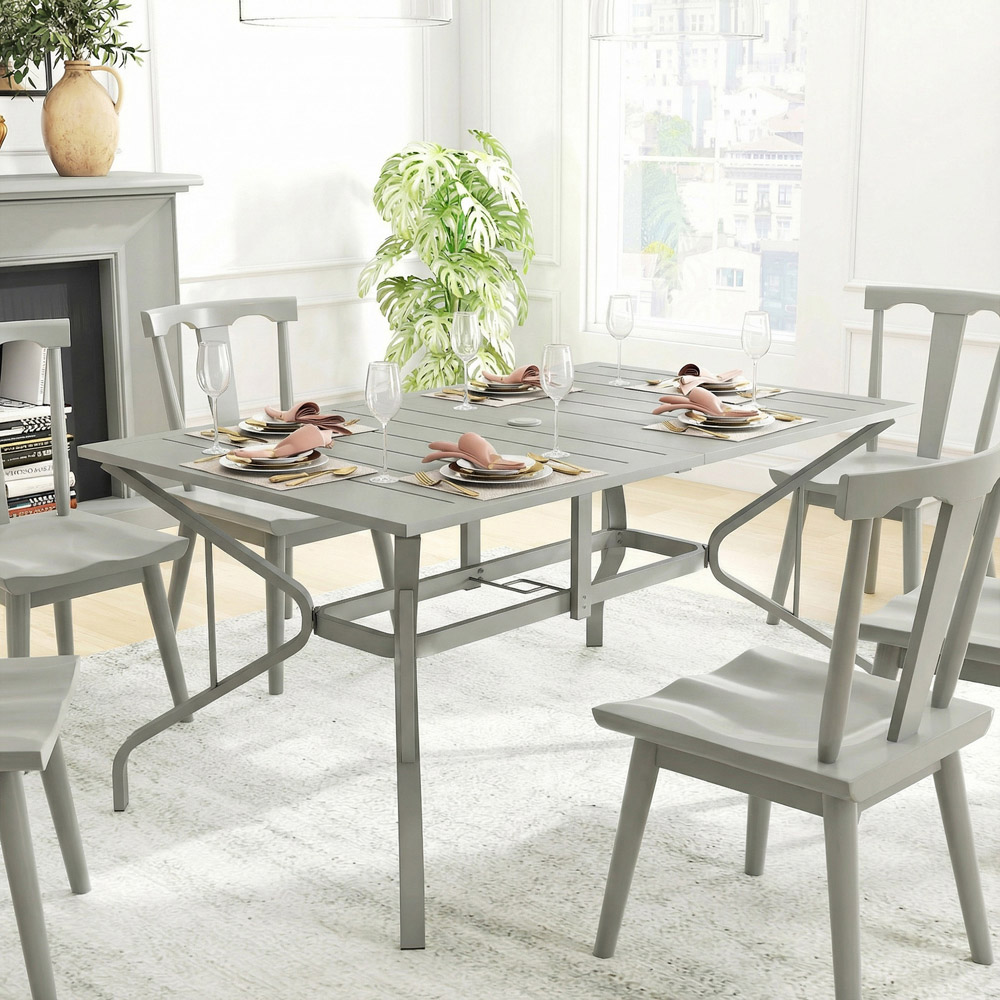 Outsunny 6 Seater Slatted Top Steel Frame Garden Dining Table Light Grey Image 4