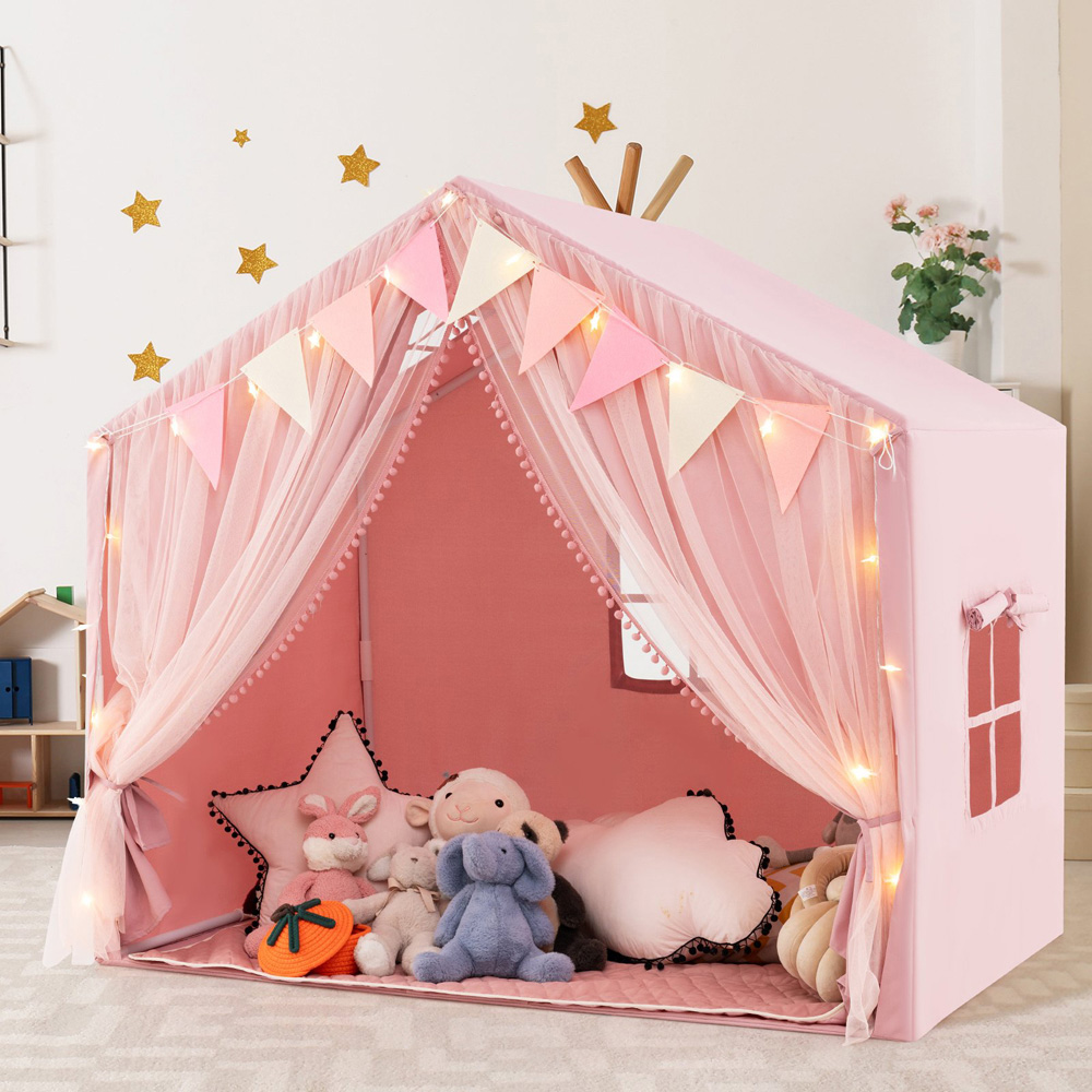 Costway Kids Pink Large Tent House Play Set with Fabric and Screen Curtains Image 2