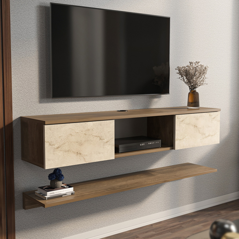 Decorotika Elia 2 Door Single Shelf Walnut Travertine Wall Mounted TV Unit with Wall Shelf Image 1