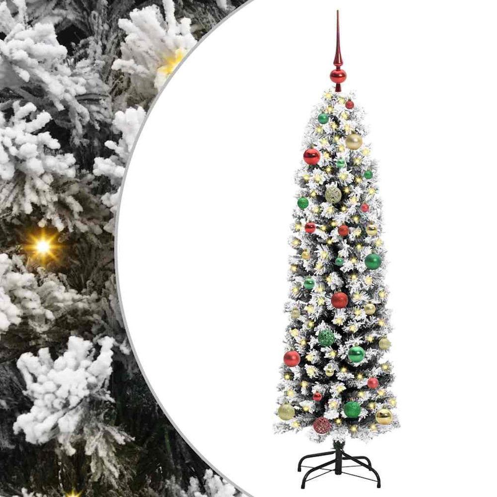 vidaXL Green Snow Flocked Artificial Christmas Tree with LEDs Multicolour Decoration Ornaments 5ft Image 2