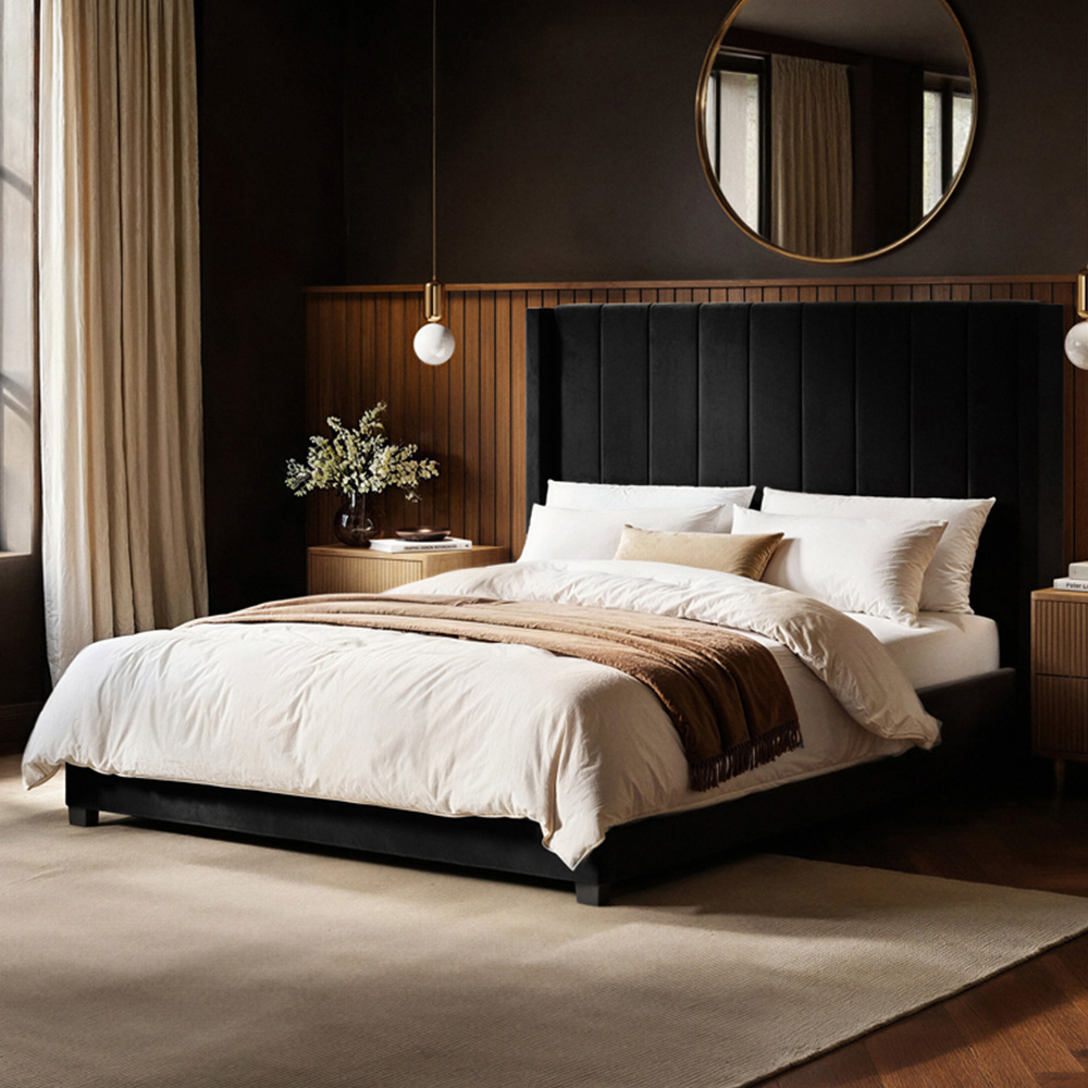 Flair Tiggy Double Black Velvet Ottoman Bed with Winged Headboard Image 1