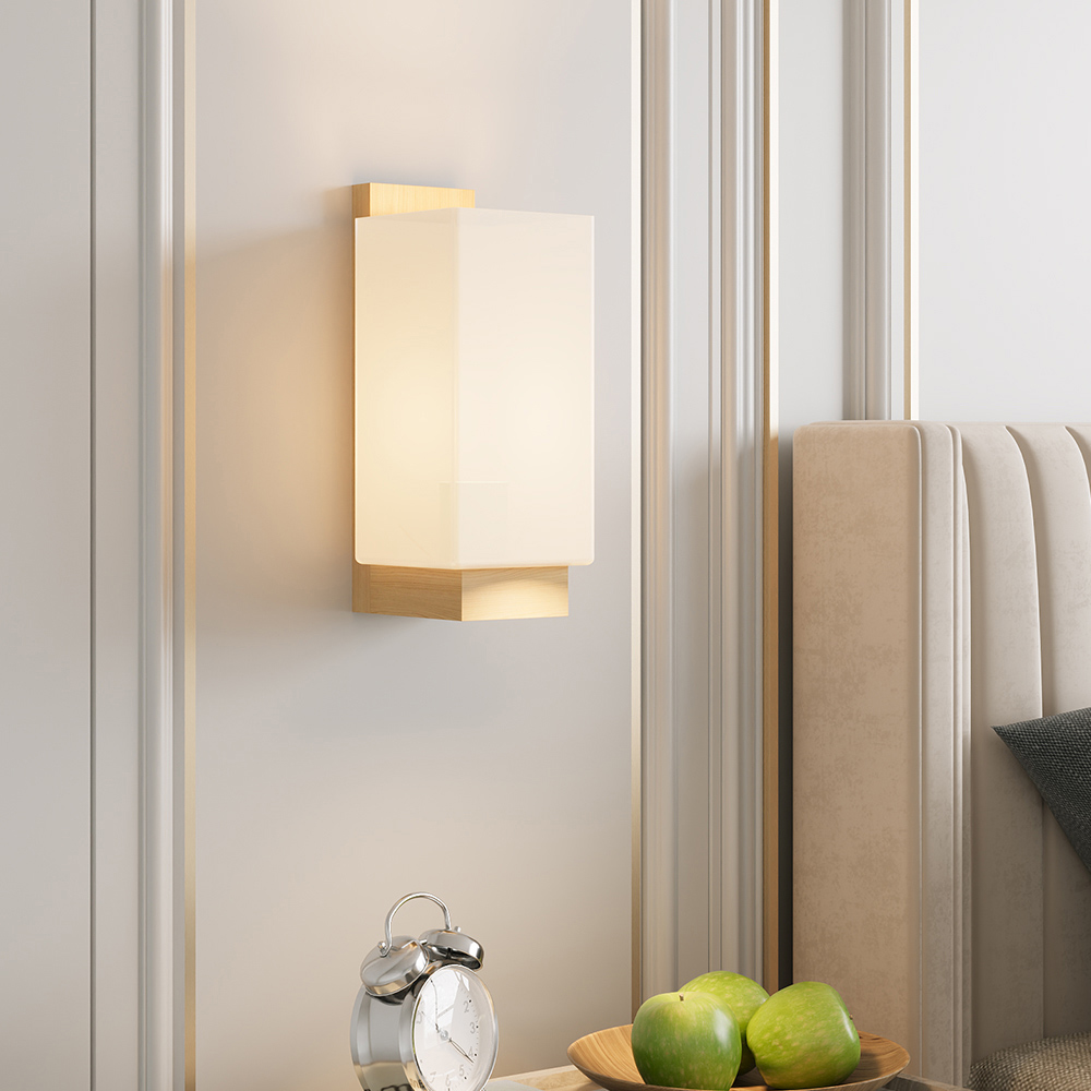 Living and Home White Glass Shade Natural Wood E27 Wall Lamp Image 7