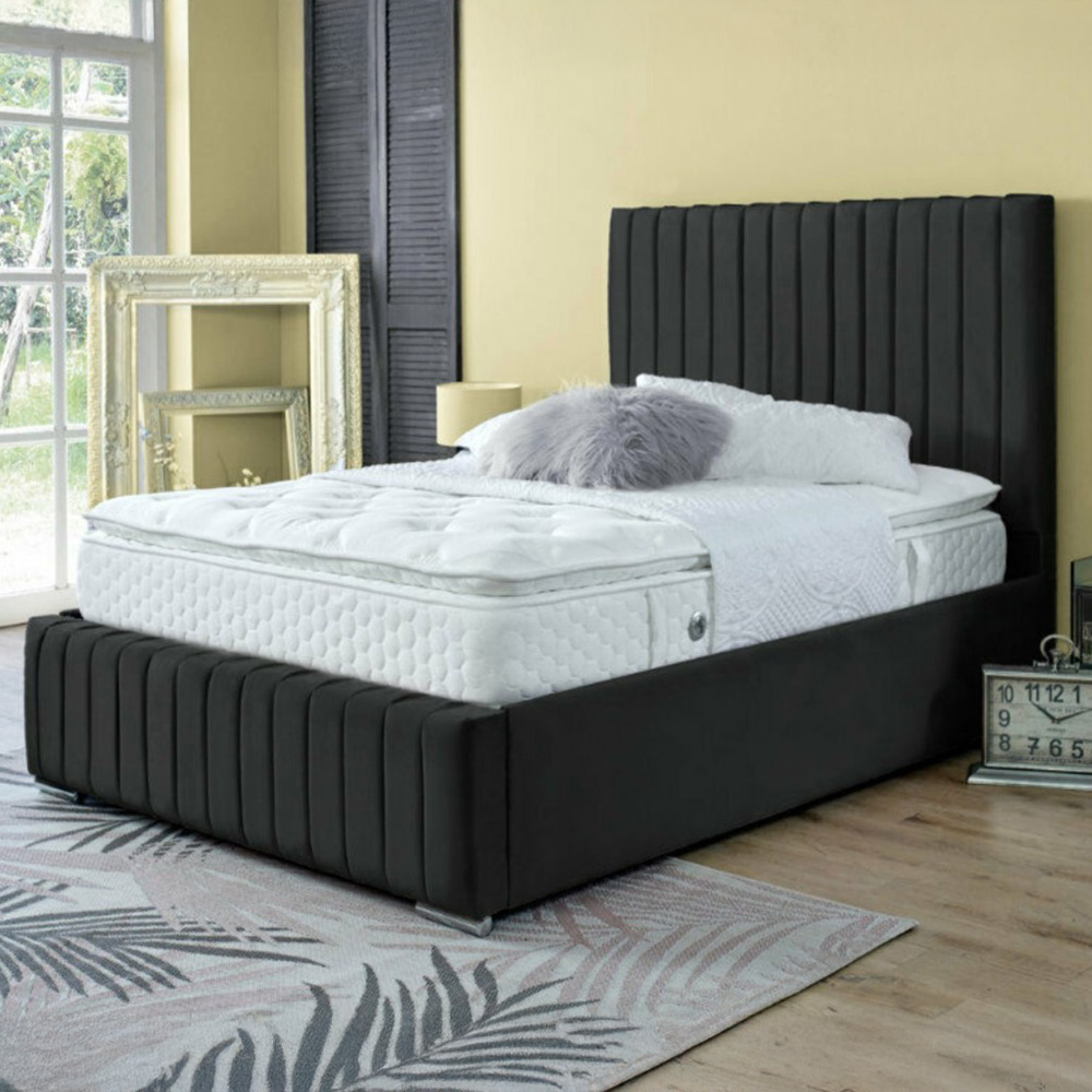 DS Living Savoy Double Black Panel Line Soft Velvet Bed Frame Image 1