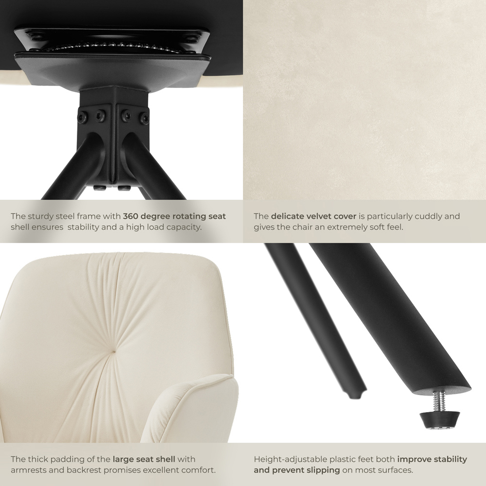 tectake Lenia Set of 2 Cream and Black Velvet Swivel Chair Image 5