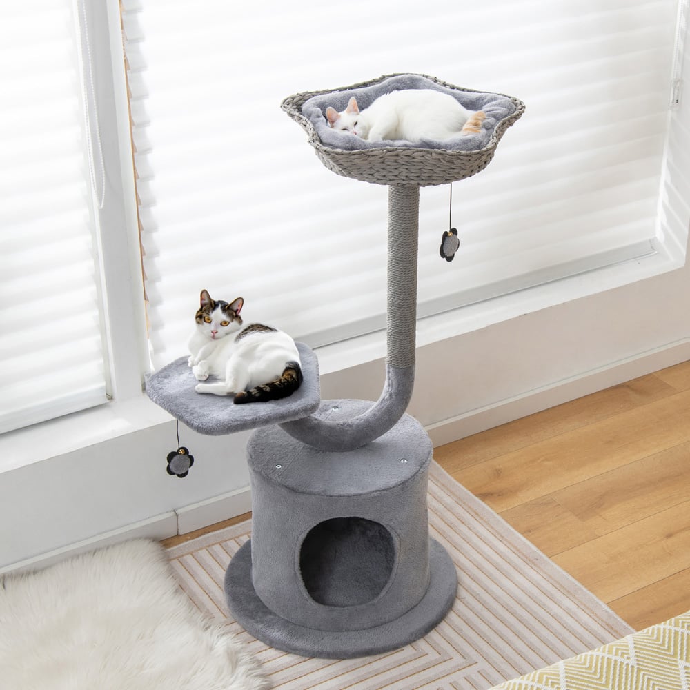 Costway 3 Tier Grey Cat Tree with Raper Rope Covered Scratching Post Image 3