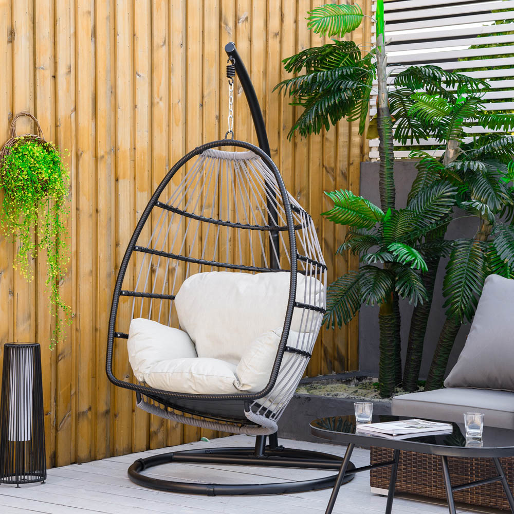 Outsunny Black Rattan Hanging Egg Chair with Cushion Image 1
