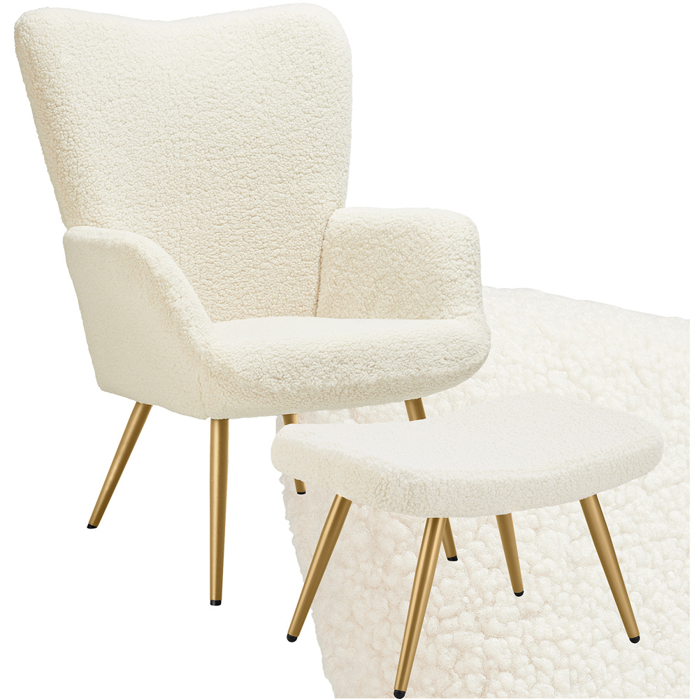 tectake Hygge Cream and Gold Boucle Armchair with Stool Image 2
