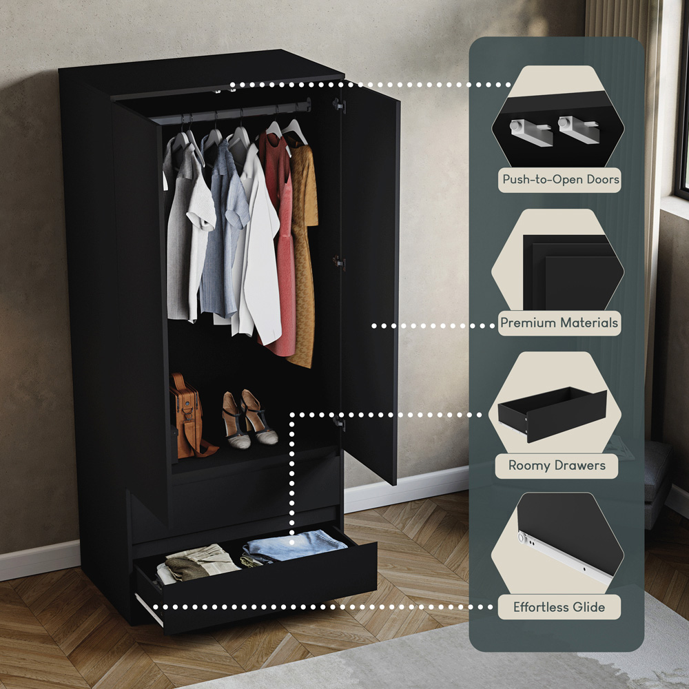 VIDA DESIGNS Denver 2 Door 2 Drawer Black Wardrobe Image 8