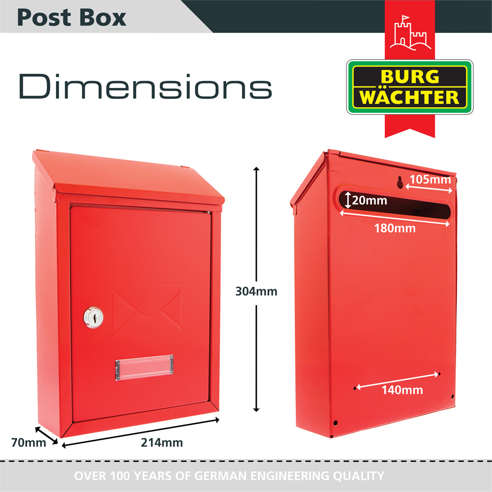 Burg-Wachter Avon Red Galvanised Steel Wall Mounted Top Opening Lockable Post Box 30 x 21 x 7cm Image 6