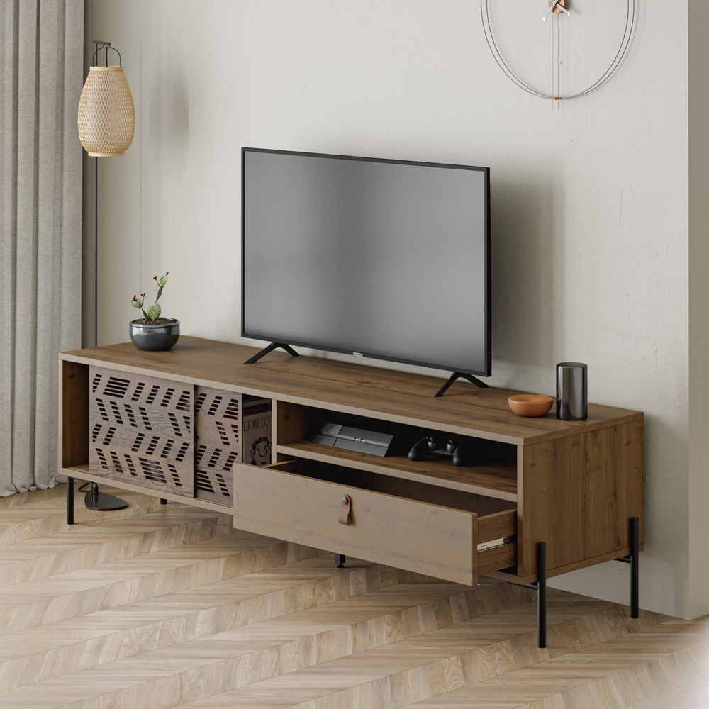 Decortie Dionysos 2 Door Single Drawer Single Shelf Dark Oak Effect TV Stand Image 4