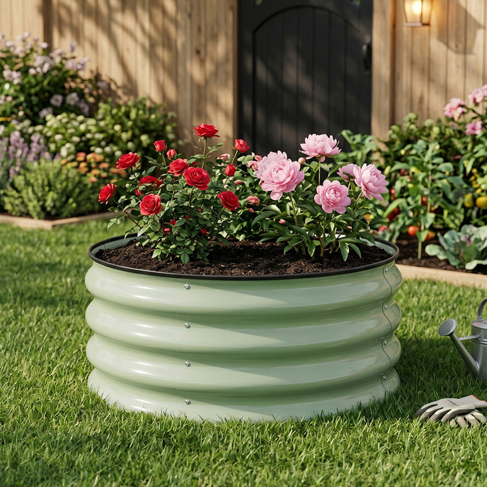 Living and Home Green Round Metal Raised Garden Bed with Open Bottom 60 x 30cm Image 3