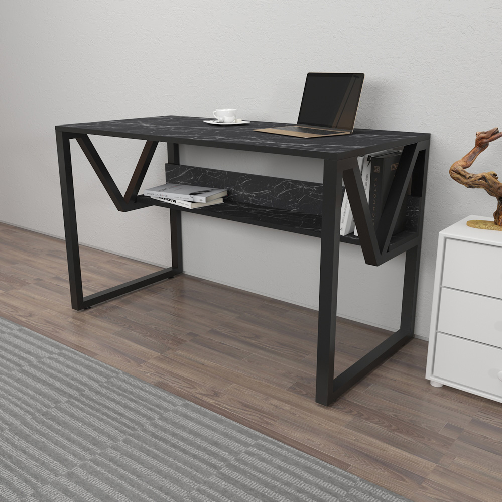 Decorotika Lona Single Shelf Study and Writing Desk Black Marble Effect and Black Image 4