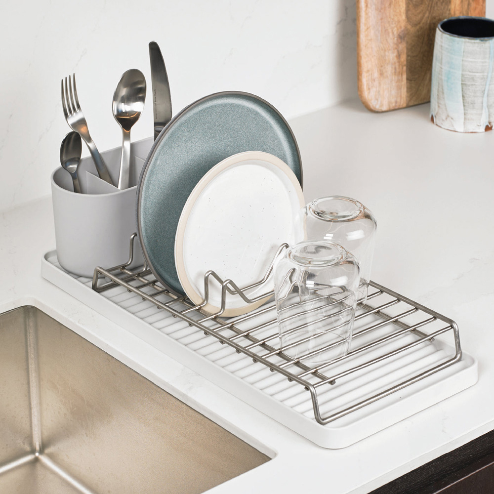 ReBorn Stone Effect Compact Kitchen Draining Rack with Cutlery Holder Image 2
