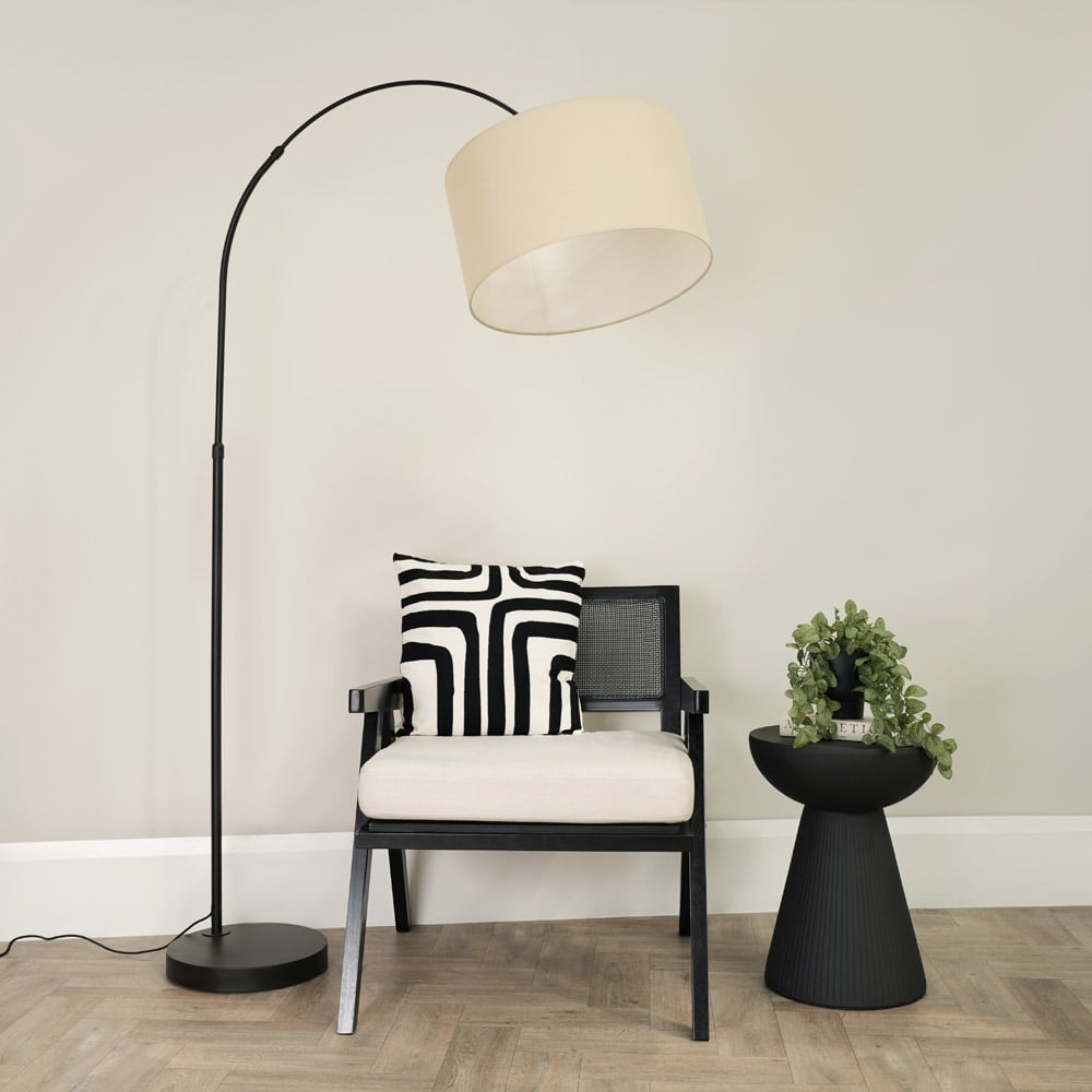 ValueLights Louis Natural Fabric Drum Shade Black Curved LED Floor Lamp Image 3
