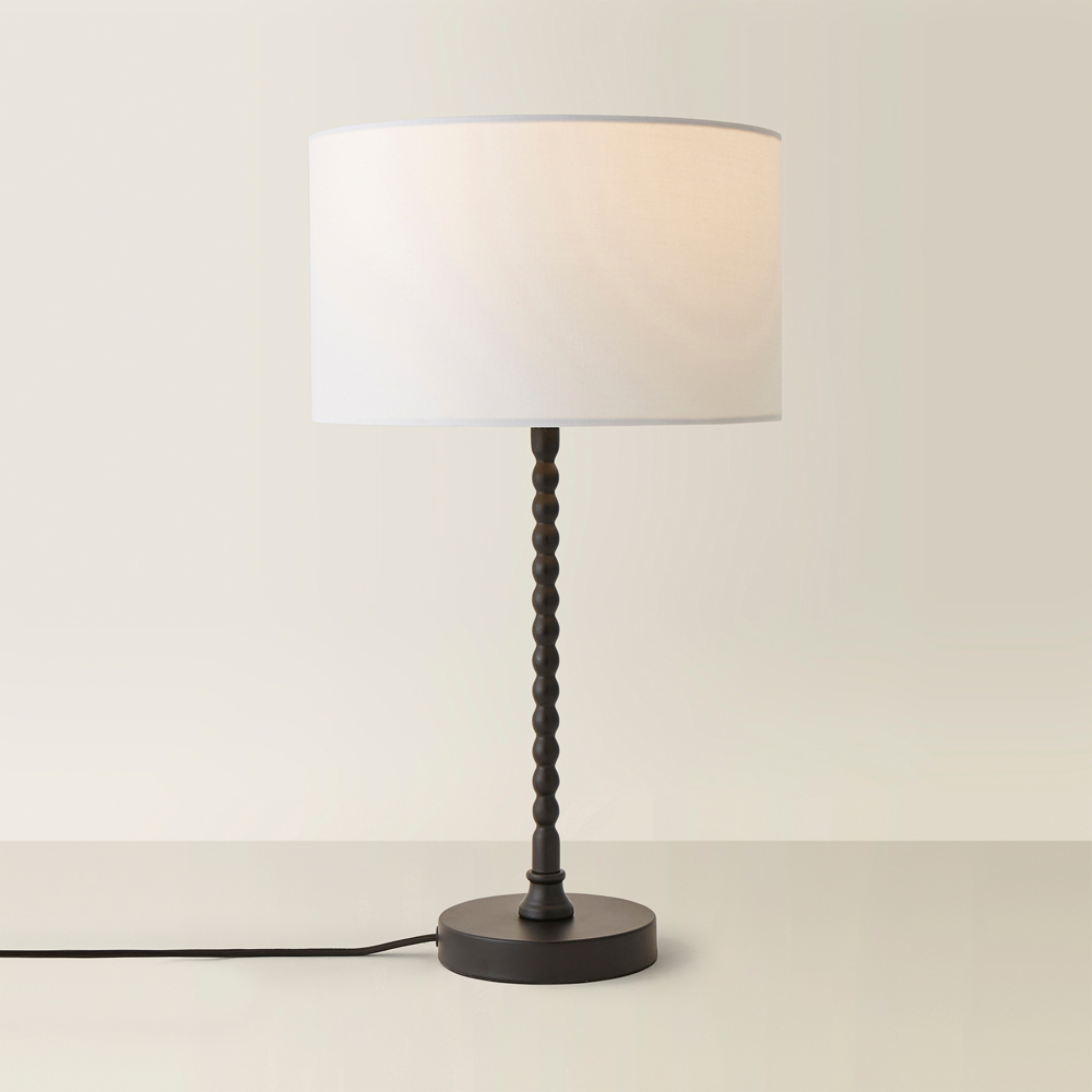 ValueLights Maeve White and Matte Black Fabric Drum Shade Bobbin Bobble Table Lamp and Bulb Image 5