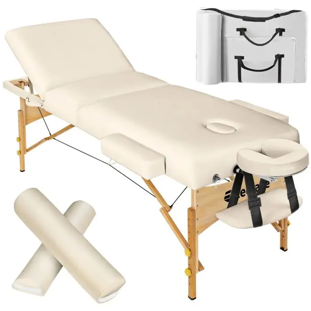 tectake Beige 3 Zone Somwang Massage Table with Headrest Armrests Footrest and Bolster Set Image 1