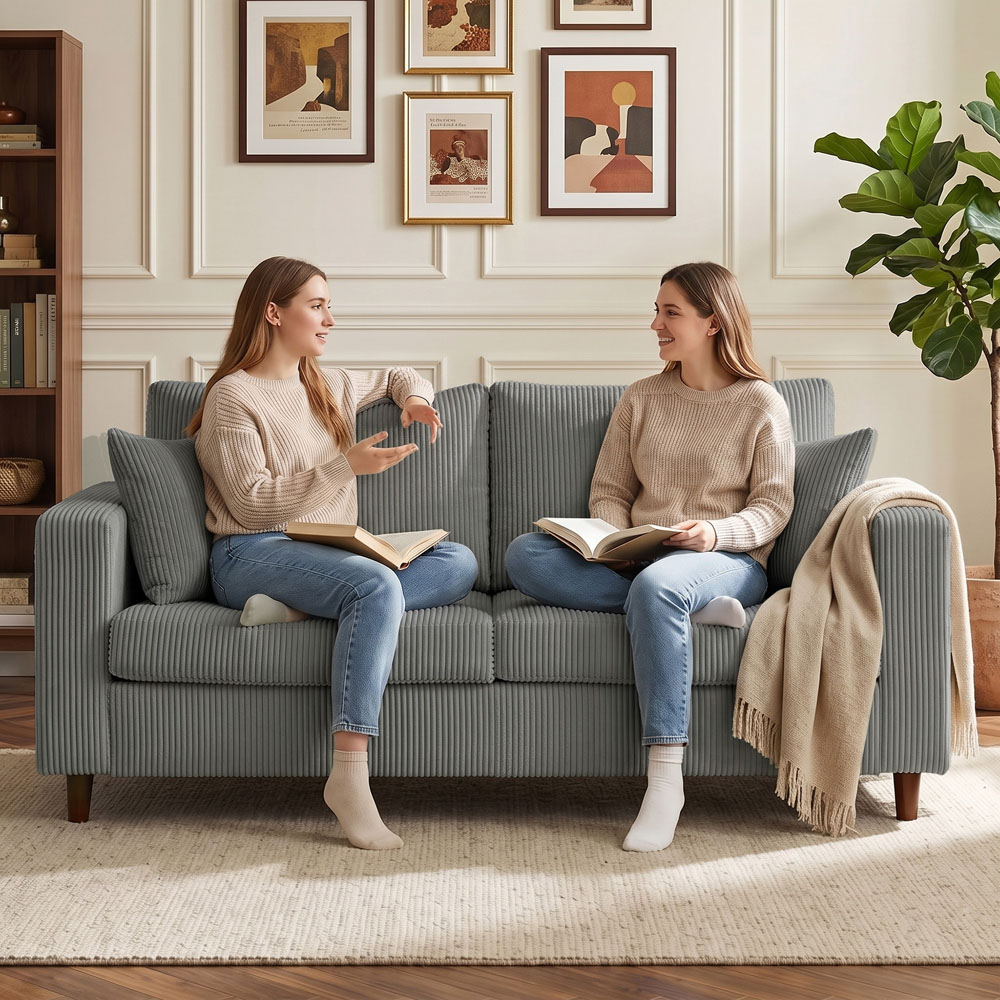 HOMCOM 2 Seater Light Grey Corduroy Upholstered Wide Seat Loveseat Sofa Image 3
