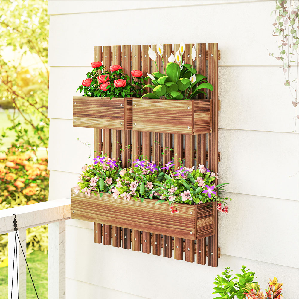 Outsunny Wooden Wall-Mounted Garden Trellis with 3 Movable Planter Boxes Image 2