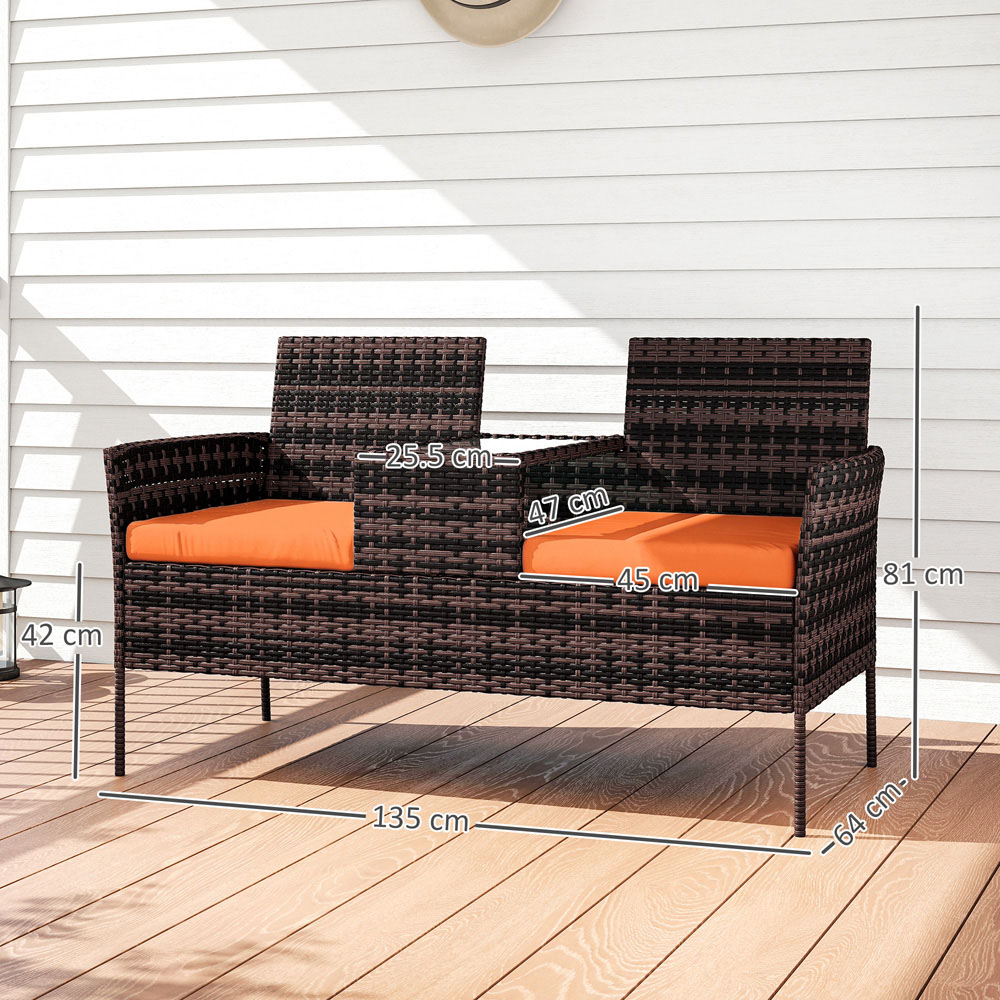 Outsunny Orange Rattan Wicker Garden Bench with Tea Table Image 8
