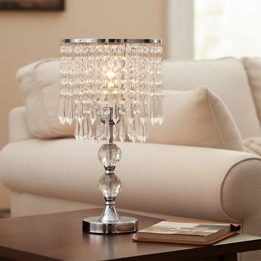 Living and Home E27 Screw Silver Crystal Beaded Shade Table Lamp 39cm Image 2